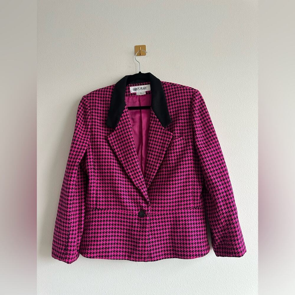 Vintage 80s Pink Houndstooth Wool Blend Blazer Black Collar Size 16